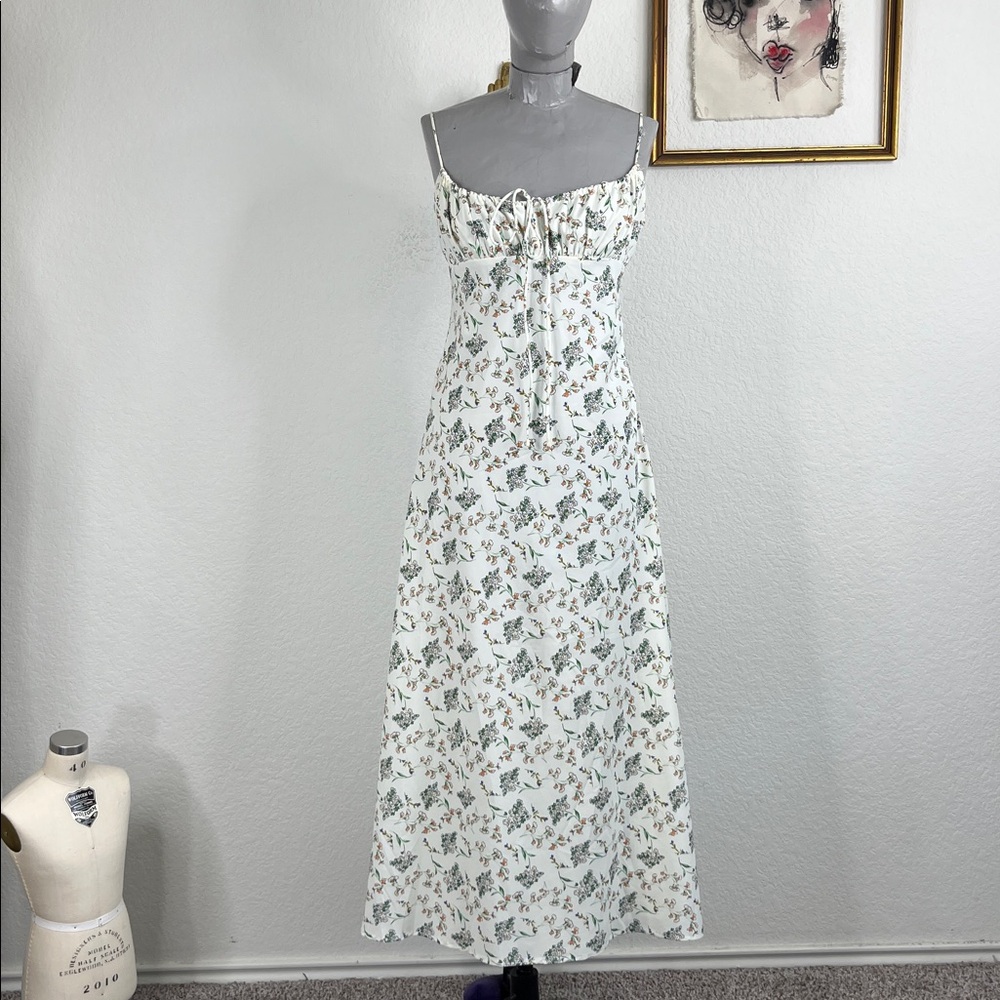 VRG GRL Verge Girl Love From Paris Bias Cut Midi Dress Floral Tie Ruched Bust